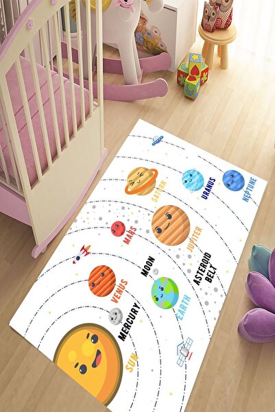 eco concept Güneş Sistemi Çocuk Halısı, Beyaz Renk Çocuk Halısı, Kaymaz Taban...