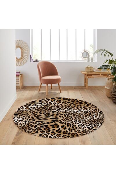 eco concept Leopar Desen Makinede Yıkanabilir Kaymaz Taban Dot Taban Yuvarlak Salon Halısı Mutfak Halısı Saçaksz