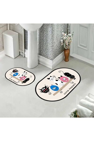 festivalya Non-Slip Base, Bath Mat, Patterned Bath Mat, 2-Piece Toilet Seat Set