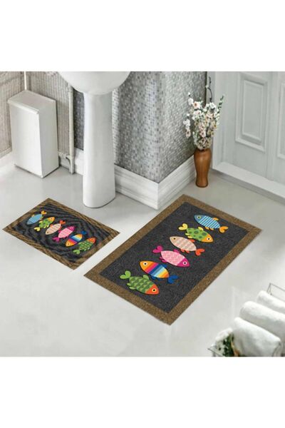 festivalya Non-Slip Base, Bath Mat, Patterned Bath Mat, 2-Piece Toilet Seat Set