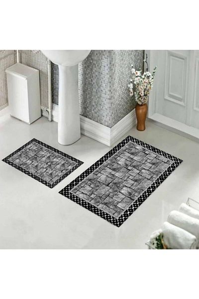 eco concept Black Gray Floored Gray Marble Patterned Mat Set Toilet Seat Set 80x50 Cm And 40x60 Cm