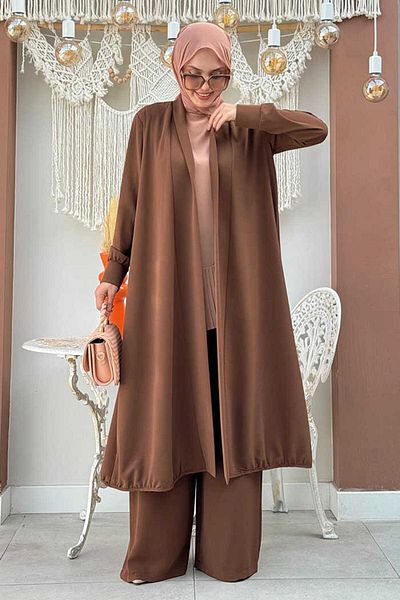 Bym Fashion Σετ παντελόνι καφέ κιμονό και ελαστική μέση - 8560