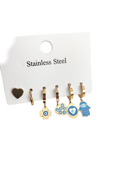 NFzzTakı Stainless Steel (316L) Gold Color Evil Eye Beaded 6-Piece Hoop Earrings