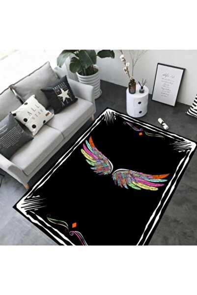 eco concept Siyah Renk Beyaz Çerçeve Kuş Kanadı Resimli Mutfak Halısı Salon Halısı Saçaksız B4012