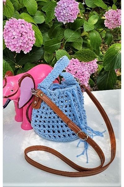 Bakras Mini geantă găleată tricotată cu macrame, cu curea scurtă și lungă