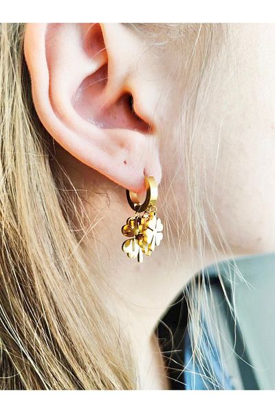 NFzzTakı Stainless Steel (316L) Gold Color Clover Model Trend Earrings