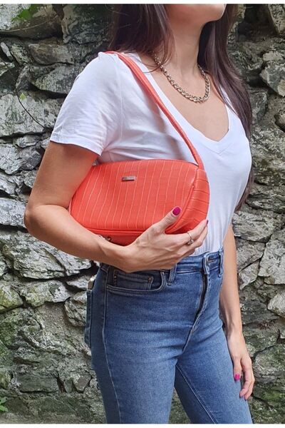 Bakras Turuncu Krokodil Desenli Baguette Çanta Baget Omuz Çantası