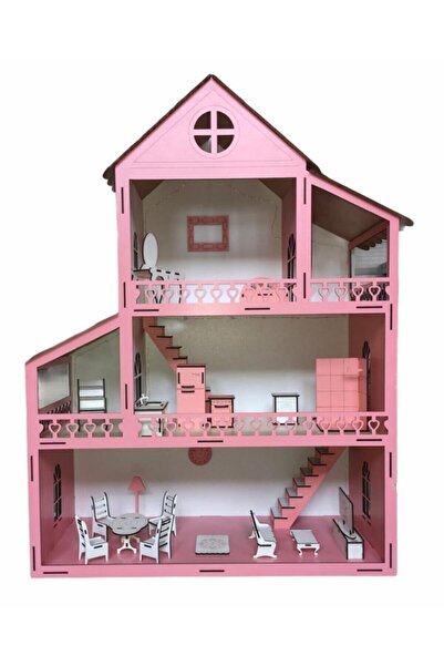 BELİNAY ÇOCUK DÜNYASI Wooden Playhouse 60cm 14 Items Pink Name Written