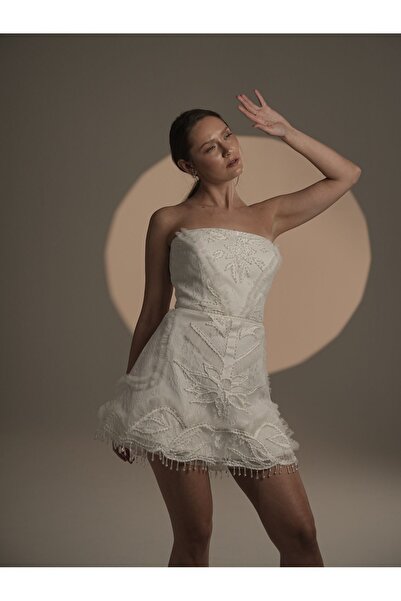 EVET couture İŞLEME DETAYLI BEYAZ ELBİSE