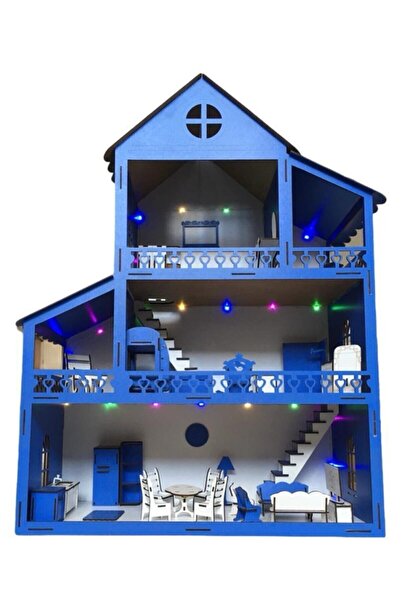 BELİNAY ÇOCUK DÜNYASI Ahşap Oyun Evi 100cm 36 Eşya Mavi Led Işıklı Isim Yazılır