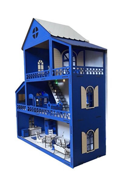 BELİNAY ÇOCUK DÜNYASI Ahşap Oyun Evi 100cm 36 Eşya Mavi Led Işıklı Isim Yazılır