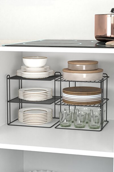 zabata Siyah 2 Adet 3 katlı Tabaklık Dolap Içi Düzenleyici Organizer Tezgah Banyo Tabak Bardak Düzenleme