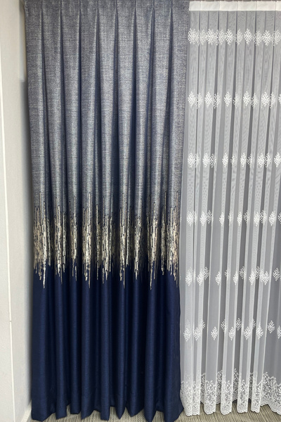 Cortibo Dark Blue Palermo Patterned - 1 to 3 Close Pleated Background Curtain Board