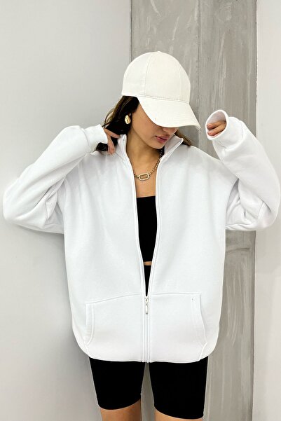 Sun Victoria Λευκό Unisex ψηλός λαιμός Φούτερ με φερμουάρ oversized με επένδυση fleece κλωστές