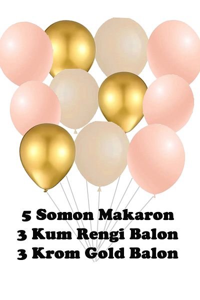 Parti dolabı 11 Balloon (5 Salmon Macarons + 3 Sand Colors + 3 Gold Chrome Gold Balloon)