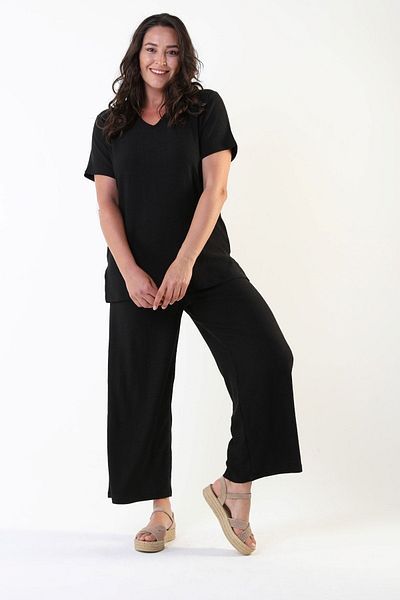 Temporium Women's Black Large Size Twill Fabric Short Sleeve Bottom Top Set