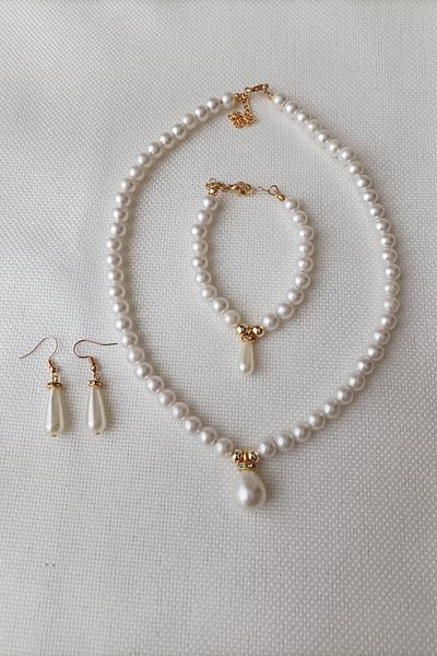 BİJUTERİ EVİ مجموعة أقراط وقلادة نسائية ثلاثية من Drop Pearl -38
