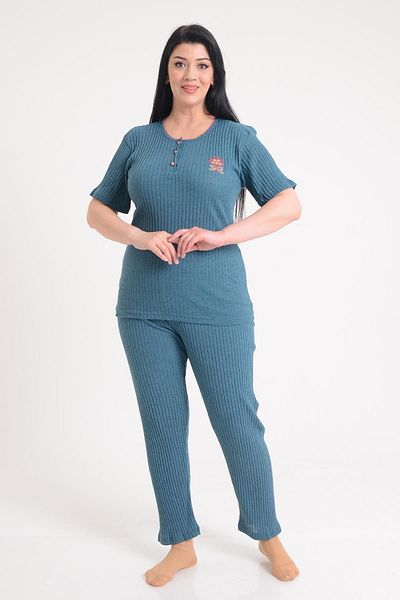 PİNKMARK Women's Turquoise Short Sleeve Embroidered Plus Size Pajama Set Pmtk25604
