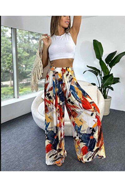 BEBE PLUS Desenli viskon kumaş beli lastikli bol paça pantolon