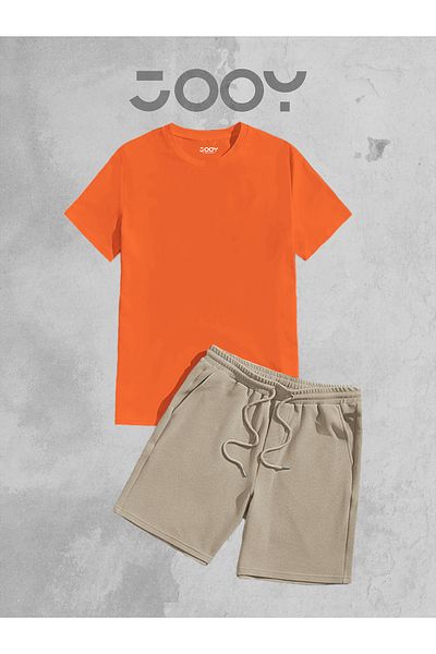 Jooy Company Πορτοκαλί Πορτοκαλί Oversize T-Shirt και Μπεζ χτενισμένο βαμβακερό σορτς