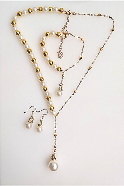 BİJUTERİ EVİ Yarısı Top Zincirli Yarısı Incili Oval Inci Figürlü Kadın Kolye Bileklik Küpe Seti 34