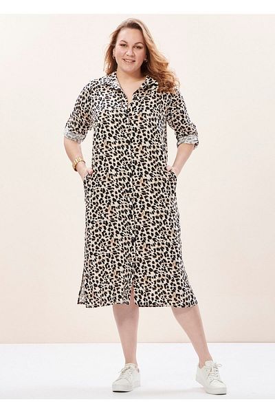 EVEN plus size فستان قميص كبير الحجم من الفيسكوز بطبعة جلد الفهد مع جيوب