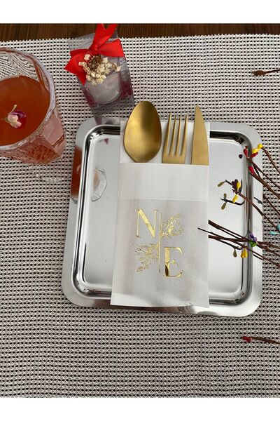 kidspartim Kişiye Özel Beyaz Üzeri Gold Yaldızlı Çiçek Detaylı Cepli Peçete 5...