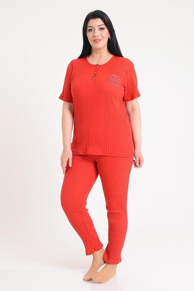 PİNKMARK Women's Red Short Sleeve Embroidered Plus Size Pajama Set Pmtk25601