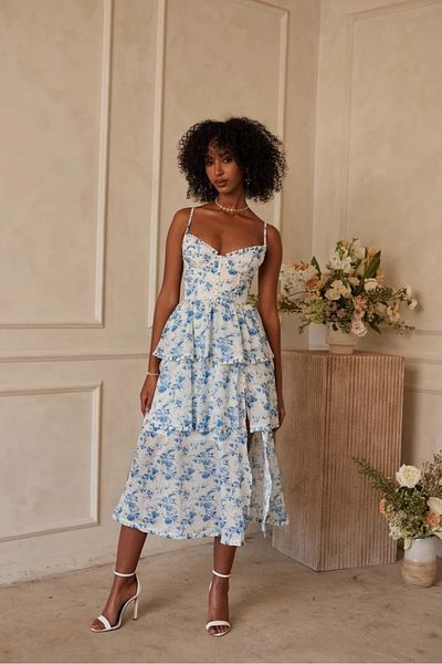 modaserdem Rochie midi din jerseu cu imprimeu floral - Decoltat și bretele despicate
