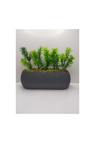 DDPEST B.Uzun Antrasit Saksıda Yapay Çiçek Taş Yosunlu Çim Yeşili Bitki Dekor...
