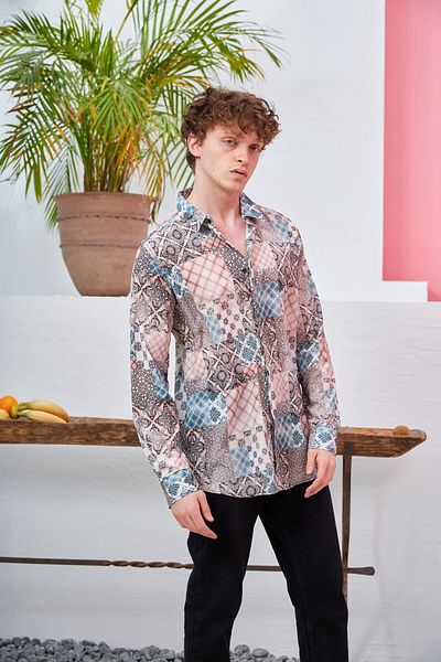 Rocqerx R-3651 Cămașă cu mânecă lungă, cu guler în picioare, cu model Kilim