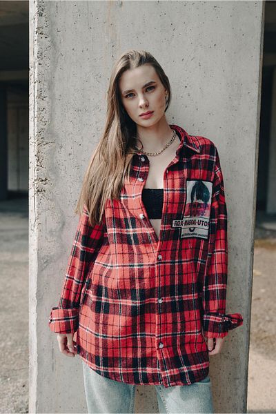 Rocqerx R-3818 Men's Standing Collar Patch Plaid Shirt