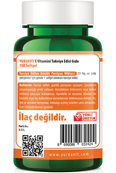 Yurdavit Vitamin E 400 Iu 100 Kapsül Softjel