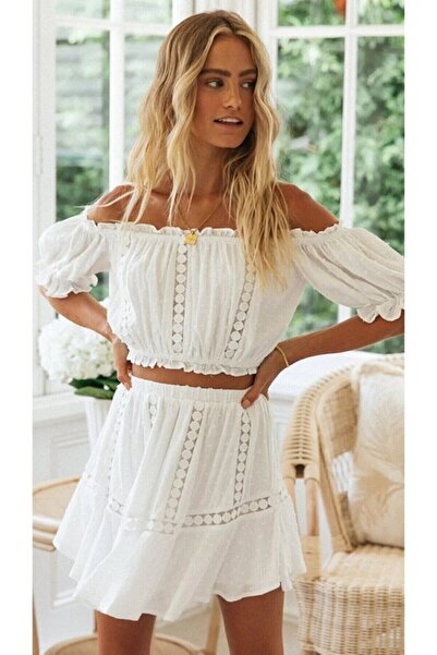 FASHION COCKTAIL Set bluză cu fustă de vară fără umăr alb