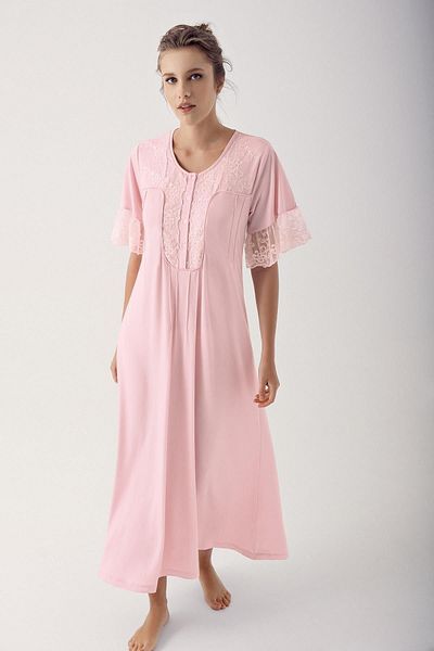 Artış Stretchy Viscous Short Sleeve Nightgown - Ruched and Buttoned 14105