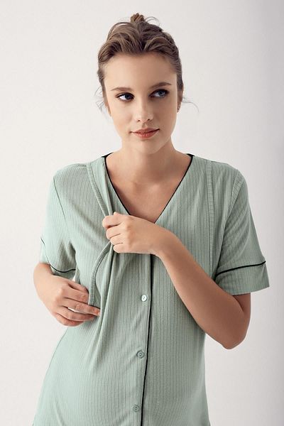 Artış Flexible Viscous Short Sleeve Maternity Pajamas Set - Buttoned 14209