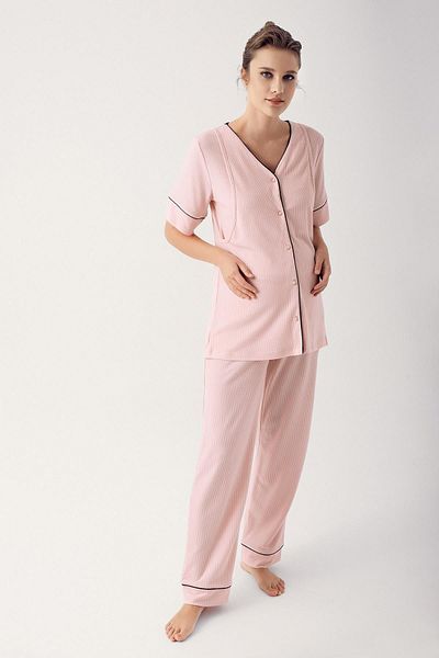 Artış Flexible Viscous Short Sleeve Maternity Pajamas Set - Buttoned 14209