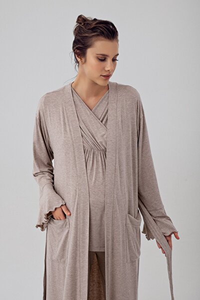 Artış Flexible Lycra Viscous Maternity Pajamas and Dressing Gown Set - Short Sleeve
