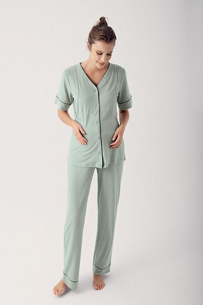 Artış Flexible Viscous Short Sleeve Maternity Pajamas Set - Buttoned 14209