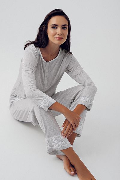 Artış Flexible Viscous Long Sleeve Pajamas and Dressing Gown Set - Buttoned and Lace