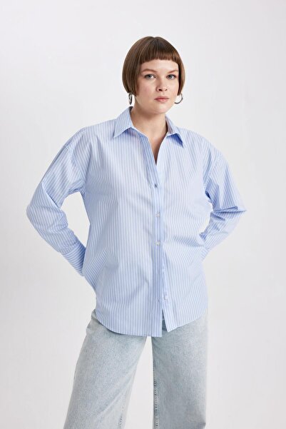 DeFacto Oversize Geniş Kalıp Çizgili Poplin Uzun Kollu Gömlek W7702az24sp