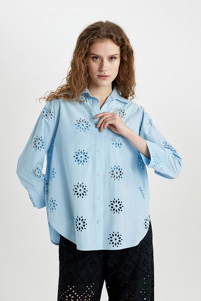 DeFacto Cămașă oversize cu mânecă lungă cu broderie largă B5419ax24sm