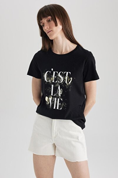 DeFacto Μπλουζάκι με τυπωμένη λαιμόκοψη 100% βαμβάκι με κανονική εφαρμογή A3756ax23sm