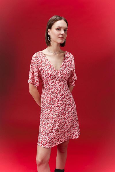 DeFacto Rotes Maroken-Minikleid mit V-Ausschnitt und Blumendruck, kurze Ärmel B0127ax24sp