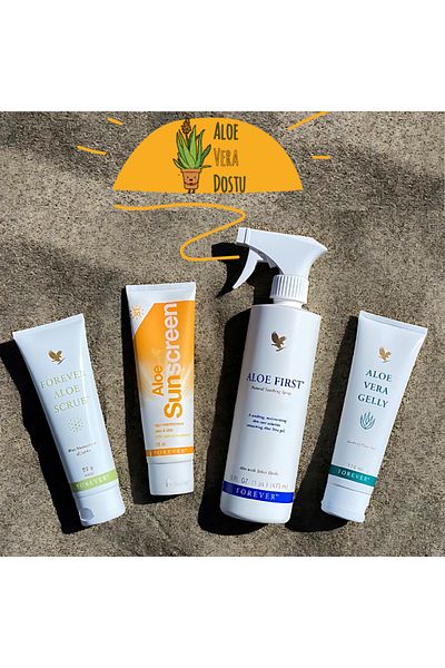 Forever Living مجموعة الصبار الصيفية - مقشر، واقي من الشمس، كريم جل بخاخ أول - مجموعة كريم العناية الصيفية