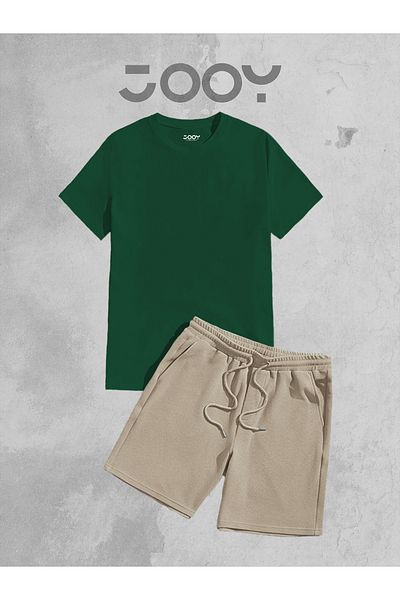 Jooy Company Σετ πράσινο oversize μπλουζάκι και μπεζ χτενισμένο βαμβακερό σορτς