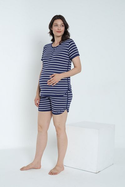 Miss Dünya Lissa Crew Neck Striped Pajamas Set - Pregnant and Maternity Shorts