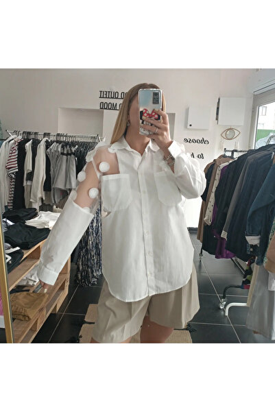SMGBUTİK Kolları Tül Detaylı Omuzu Pullu Beyaz Gömlek