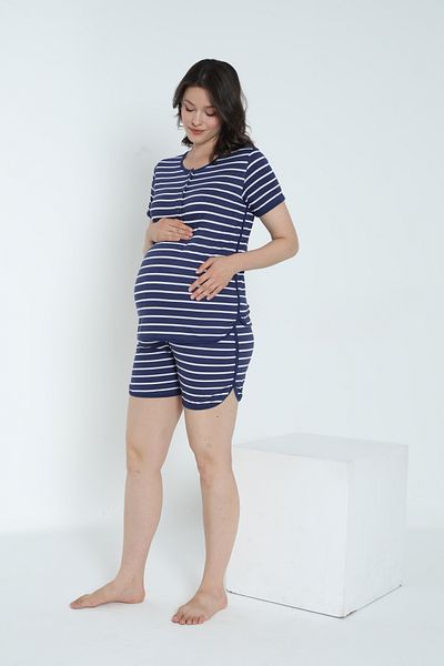 Miss Dünya Lissa Crew Neck Striped Pajamas Set - Pregnant and Maternity Shorts