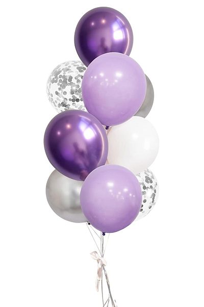 Parti dolabı Set of 10 Silver Sequin Balloons 2 Clear+ 2 Chrome Lilac + 2 Macarons Lilac + 2 White + 2 Metallic Silver